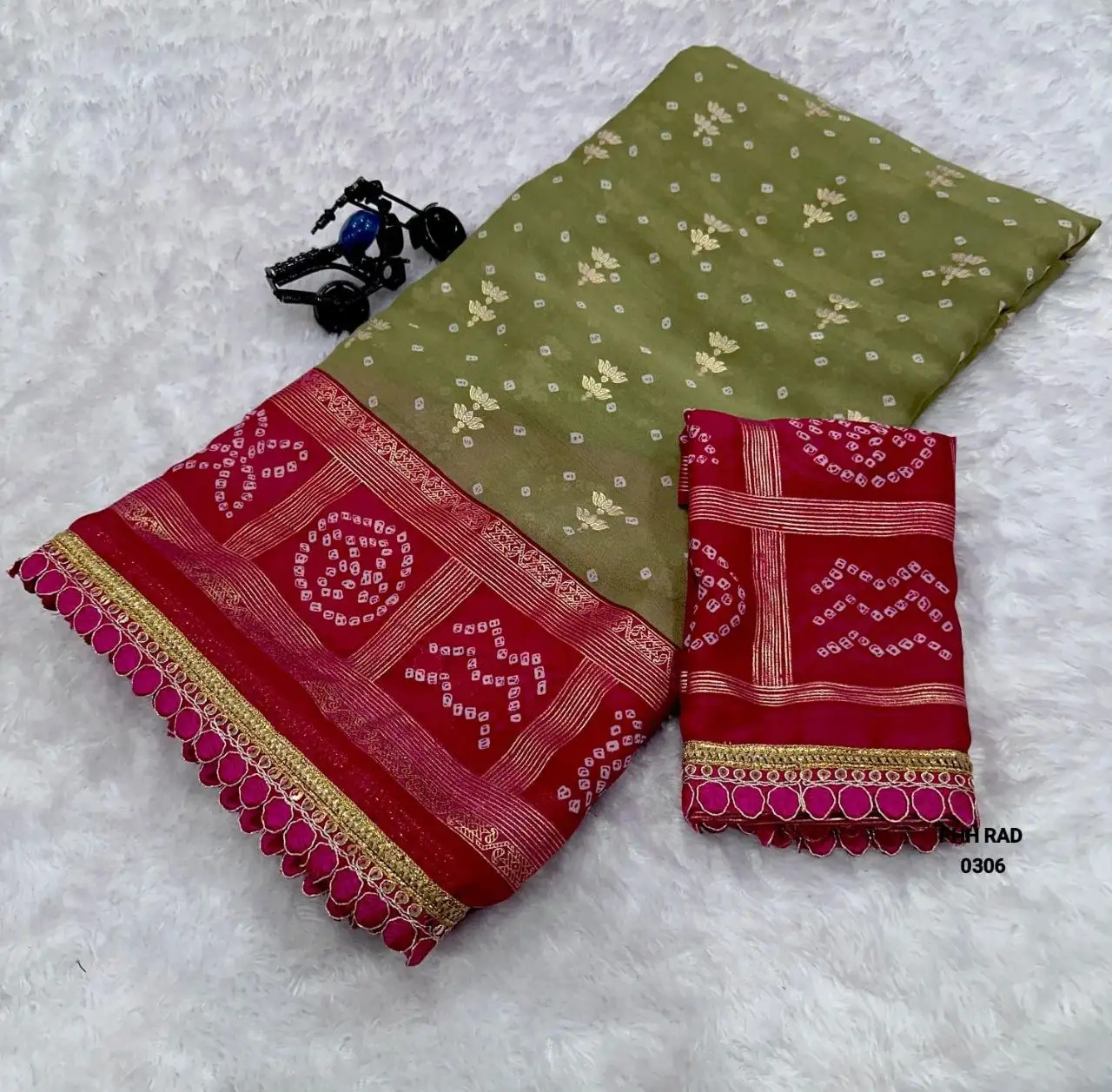 Dul Moch Saree with Embroidery work - Olive Green and Rani Pink
